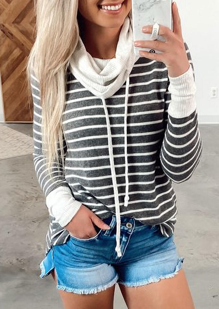 

Blouses Striped Splicing Drawstring Long Sleeve Blouse in Gray. Size