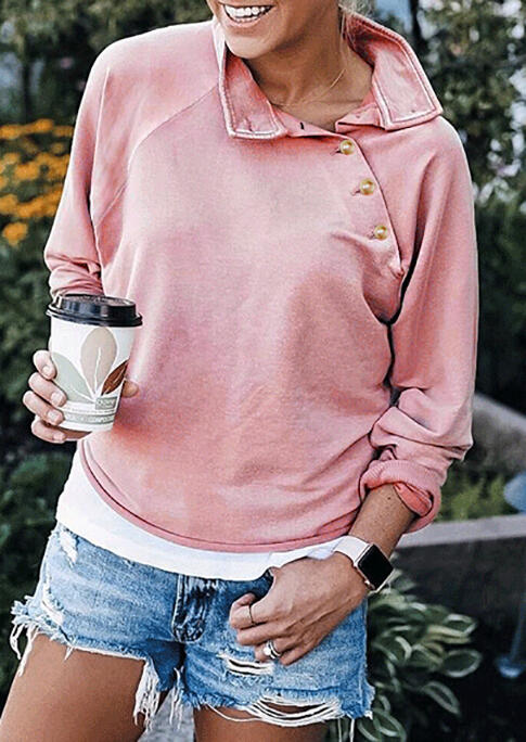 

Button Skew Collar Long Sleeve Pullover Sweatshirt - Pink, 484468