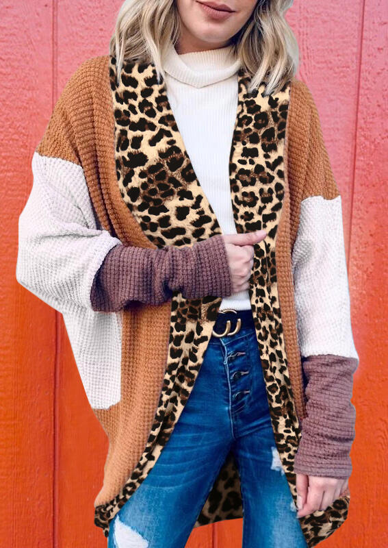

Cardigans Leopard Splicing Color Block Batwing Sleeve Cardigan in Brown. Size: ,M,L