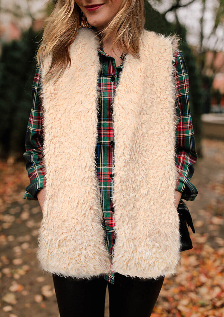 

Coats Pocket Plush Open Front Vest Coat in Apricot. Size