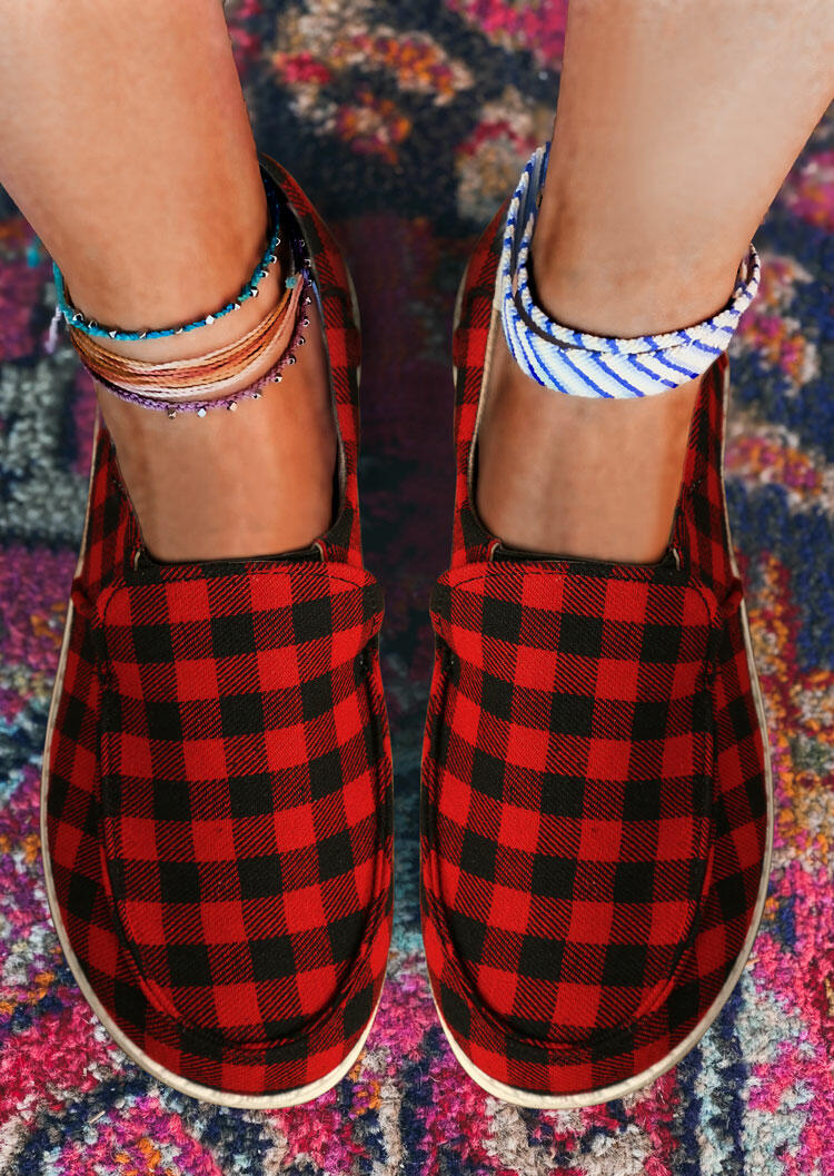 Buffalo Plaid  Slip On Flat Sneakers - Red