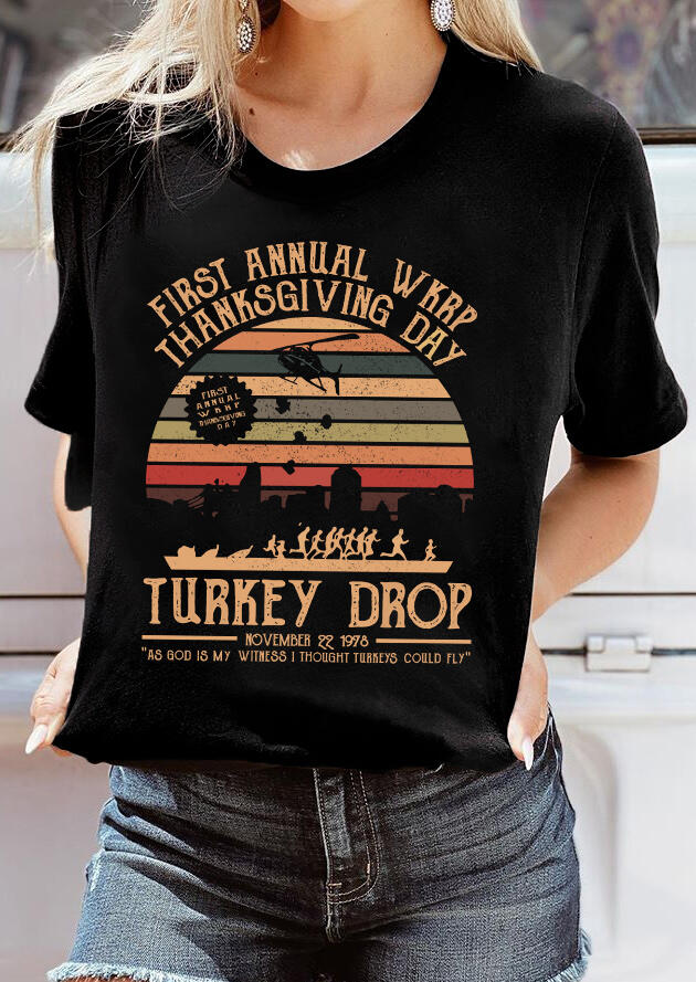 Thanksgiving Turkey Drop Graphic T-Shirt Tee - Black
