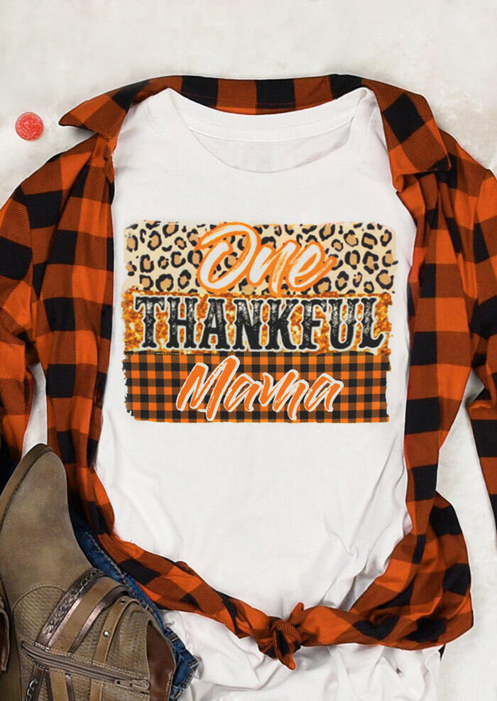 Thanksgiving One Thankful Mama Bleached Leopard T-Shirt Tee - White
