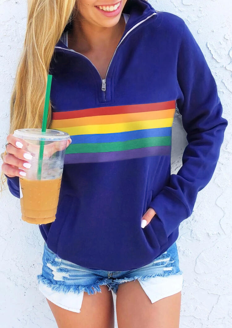 

Rainbow Striped Zipper Collar Kangaroo Pocket Sweatshirt - Royal Blue, 484684