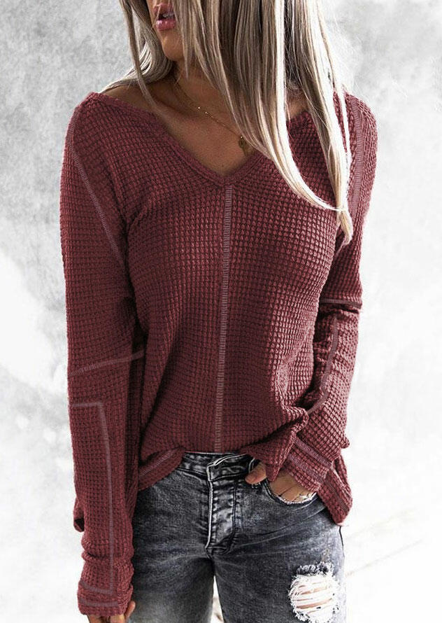 

Waffle V-Neck Long Sleeve Blouse - Cameo Brown, 484704