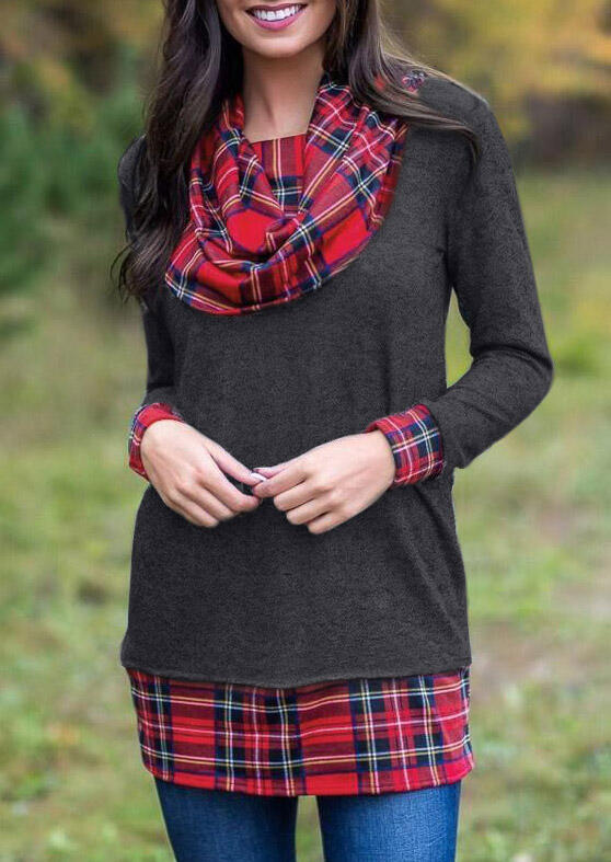 Blouses Buffalo Plaid Splicing Cowl Neck Blouse in Dark Grey. Size