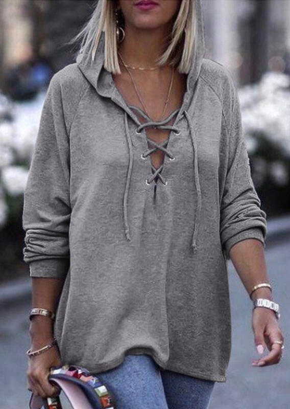 

Lace Up V-Neck Long Sleeve Hoodie - Gray, 484855