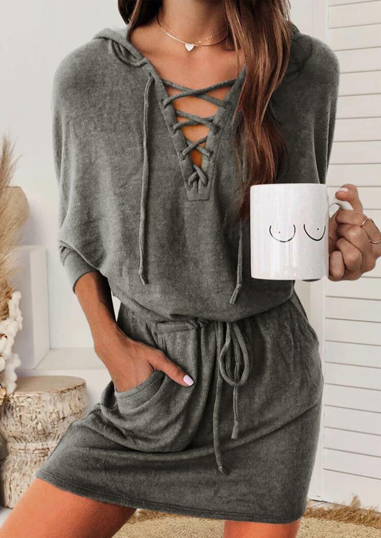

Pocket Lace Up Drawstring Hooded Mini Dress - Gray, 484913