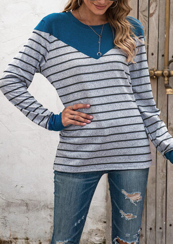 

Blouses Striped Splicing Long Sleeve Casual Blouse in Stripe. Size