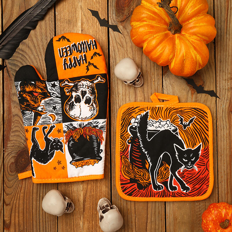 

2Pcs Halloween Skull Spider Insulated Glove And Coaster Set in Pattern1. Size