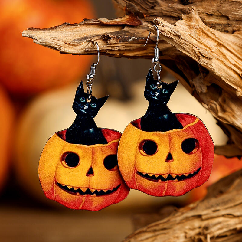 

Halloween Black Cat Pumpkin Face Wooden Earrings, Orange, 484925