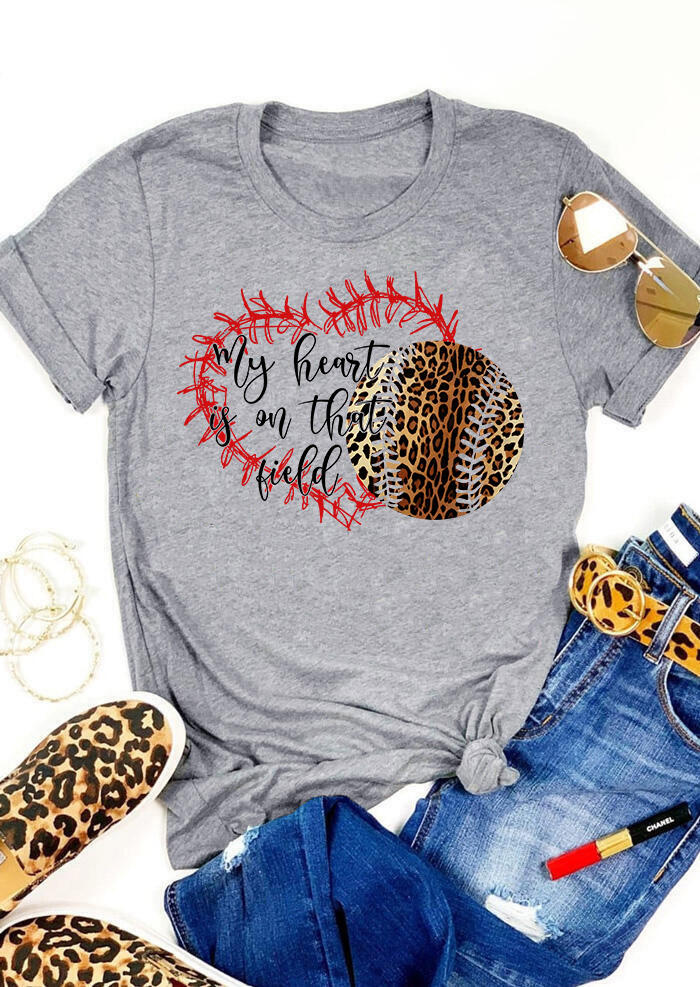 

Leopard Baseball My Heart Is On That Field T-Shirt Tee - Gray, 484931