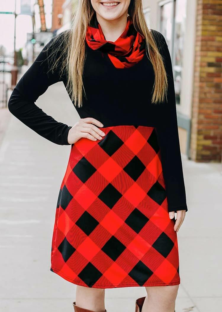 

Christmas Plaid Splicing O-Neck Casual Dress without Scarf - Black, 484938