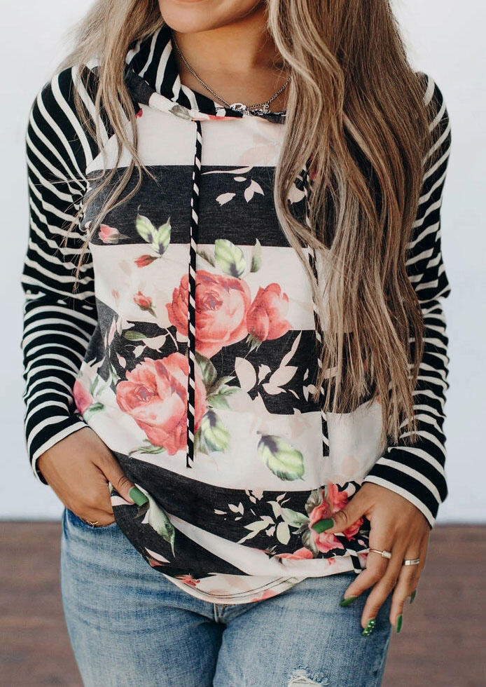 

Hoodies Floral Striped Splicing Drawstring Hoodie in Multicolor. Size