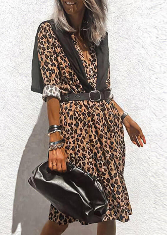 

Leopard Ruffled Long Sleeve Casual Dress without Shawl And Belt, 485012