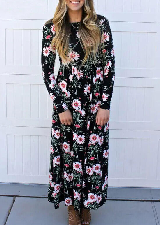 

Floral Ruffled Long Sleeve Maxi Dress - Black, 485023