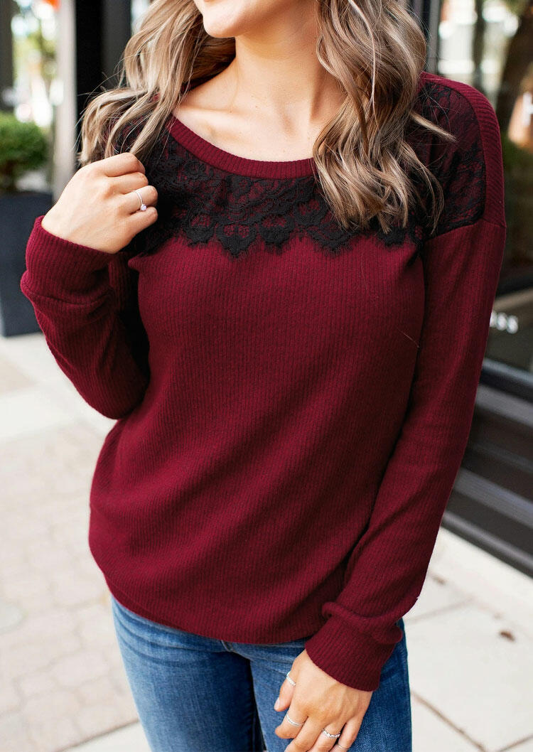 

Sweaters Lace Splicing Knitted O-Neck Sweater in Burgundy. Size