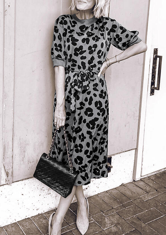 Midi Dresses Leopard Splicing Tie O-Neck Midi Dress in Multicolor. Size: L,M,S
