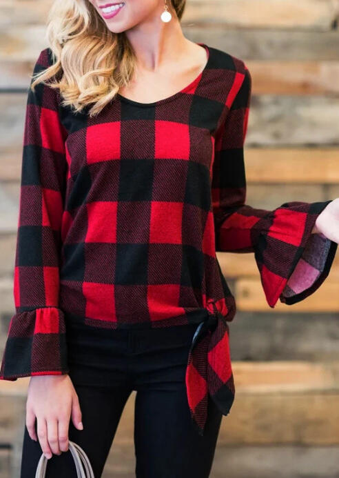 Buffalo Plaid Tie Flare Sleeve Blouse - Red