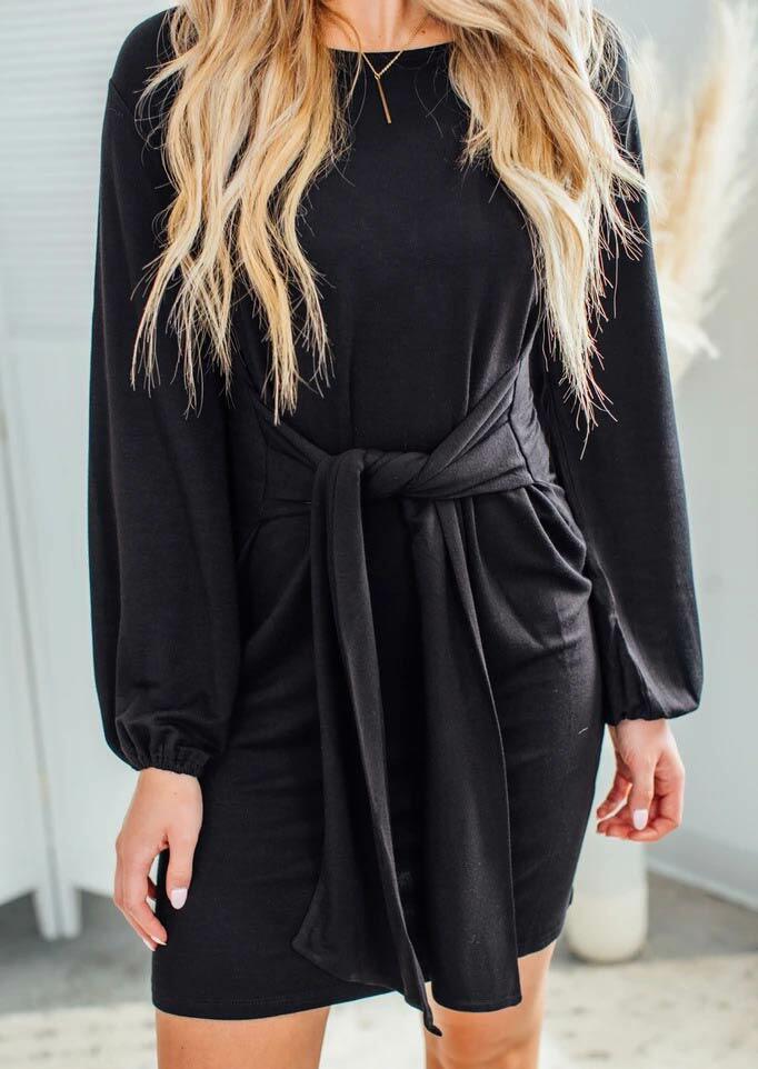 

Mini Dresses Tie Waist O-Neck Elastic Cuff Mini Dress in Black. Size: ,L