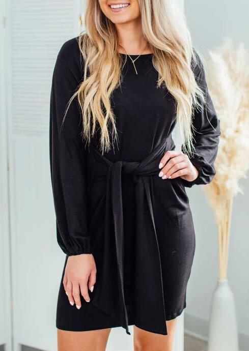 

Tie Waist O-Neck Elastic Cuff Mini Dress - Black, 485075