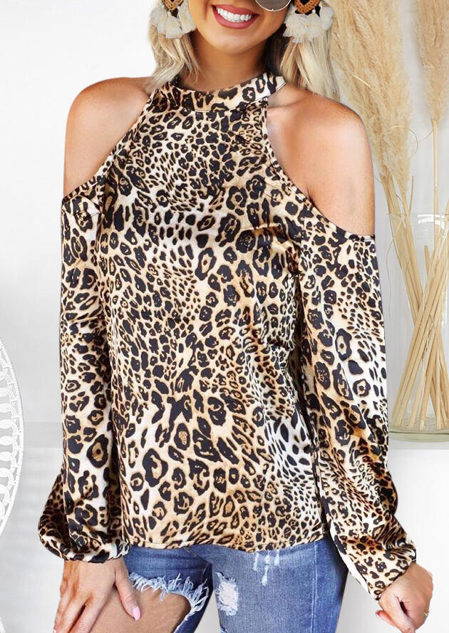 

Leopard Cold Shoulder Halter Elastic Cuff Blouse, 482806