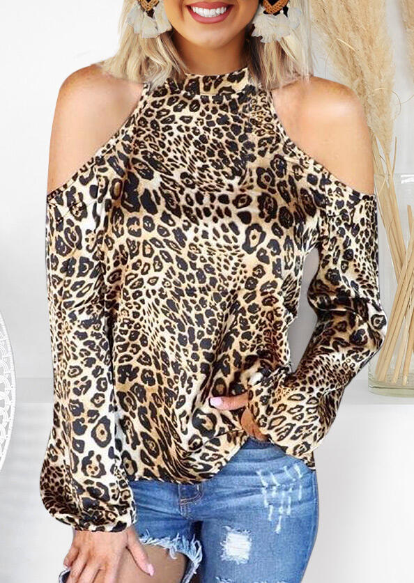 

Blouses Leopard Cold Shoulder Halter Elastic Cuff Blouse in Leopard. Size