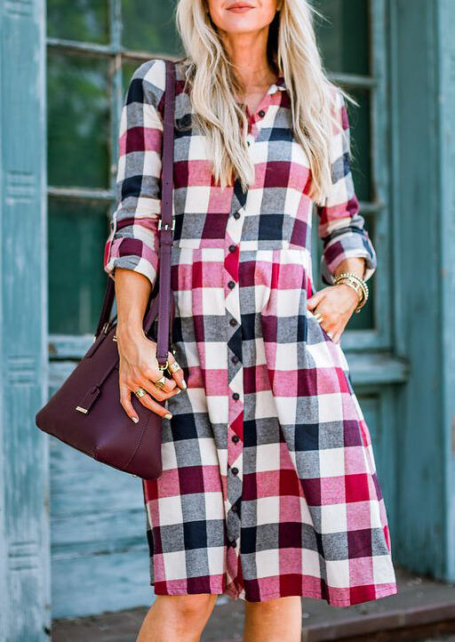 

Casual Dresses Plaid Button Pocket Tab-Sleeve Casual Dress in Plaid. Size