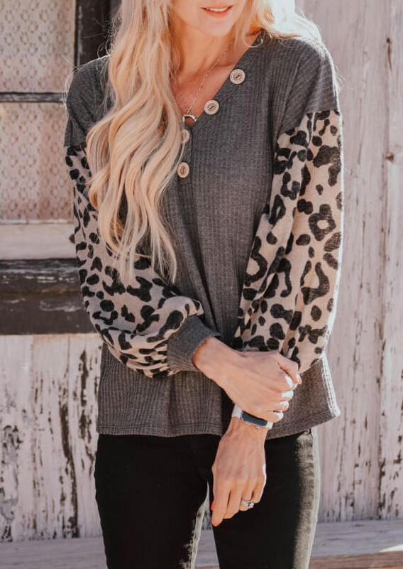 

Blouses Leopard Splicing Button Elastic Cuff V-Neck Blouse in Gray. Size