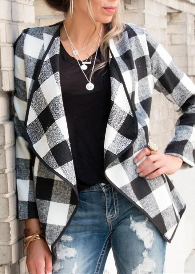 

Plaid Asymmetric Long Sleeve Lapel Coat, 484916