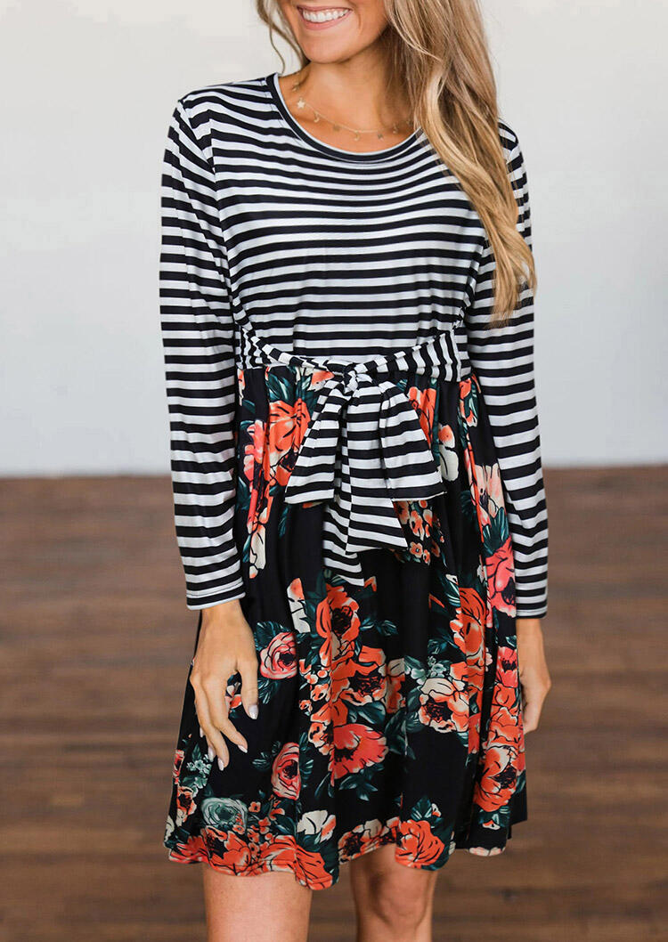 Striped Floral Splicing Tie Front Long Sleeve Mini Dress