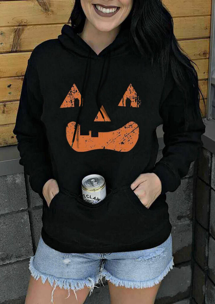 

Halloween Pumpkin Face Kangaroo Pocket Drawstring Hoodie - Black, 484942