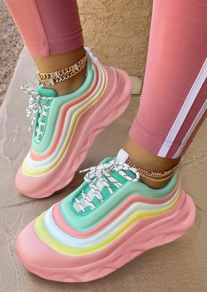 

Rainbow Striped Lace Up Platform Round Toe Sneakers, Pink, 484967