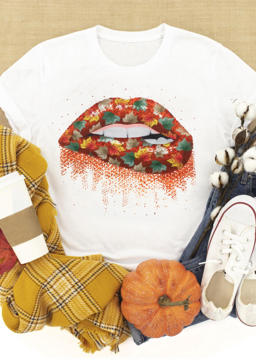 

Thanksgiving Autumn Maple Leaf Lips O-Neck T-Shirt Tee - White, 485025