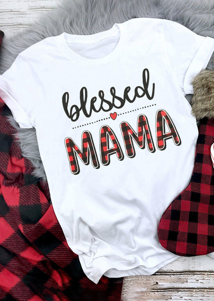 

Thanksgiving Blessed Mama Buffalo Plaid T-Shirt Tee - White, 485030