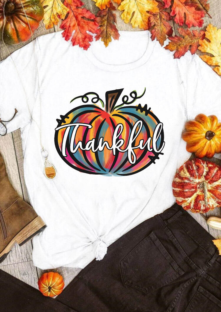 Thankful Colorful Doodle Pumpkin T-Shirt Tee - White