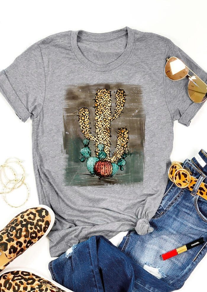 

Tees T-shirts Leopard Cactus O-Neck T-Shirt Tee in Gray. Size: S