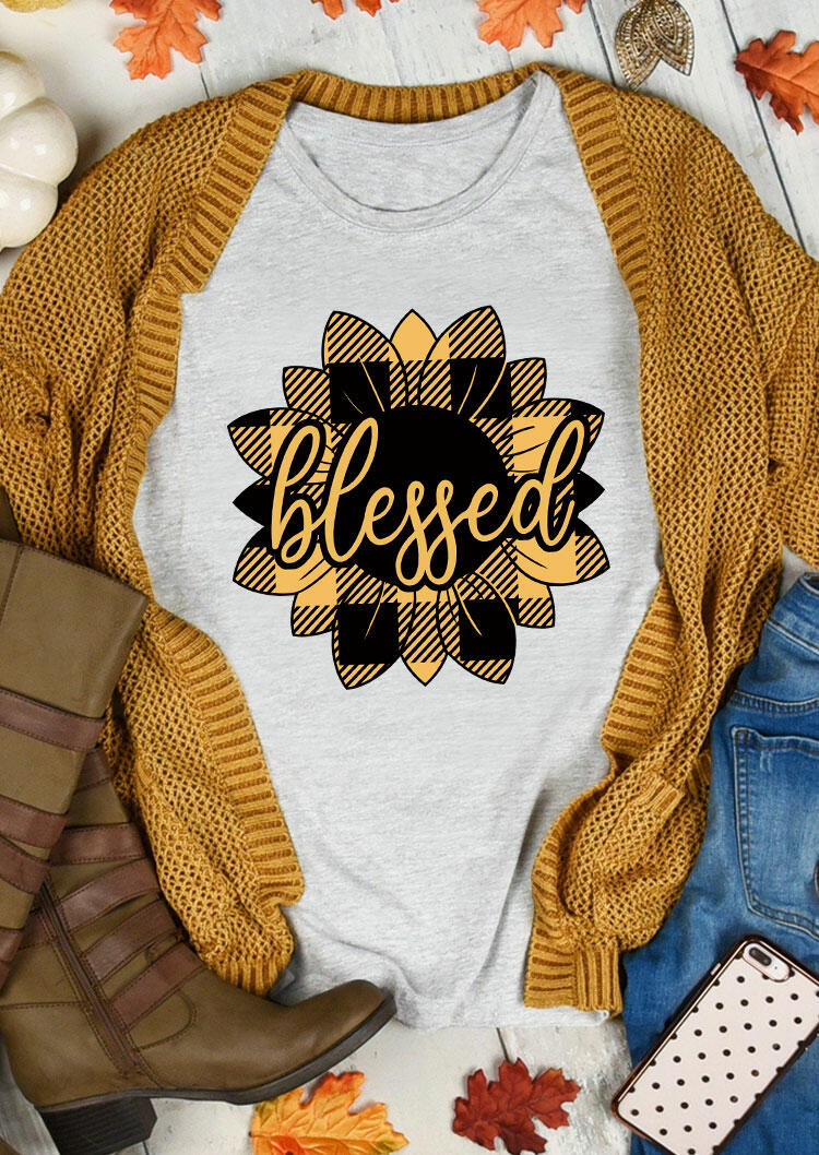 

Thanksgiving Blessed Plaid Sunflower T-Shirt Tee - Light Grey, 485058