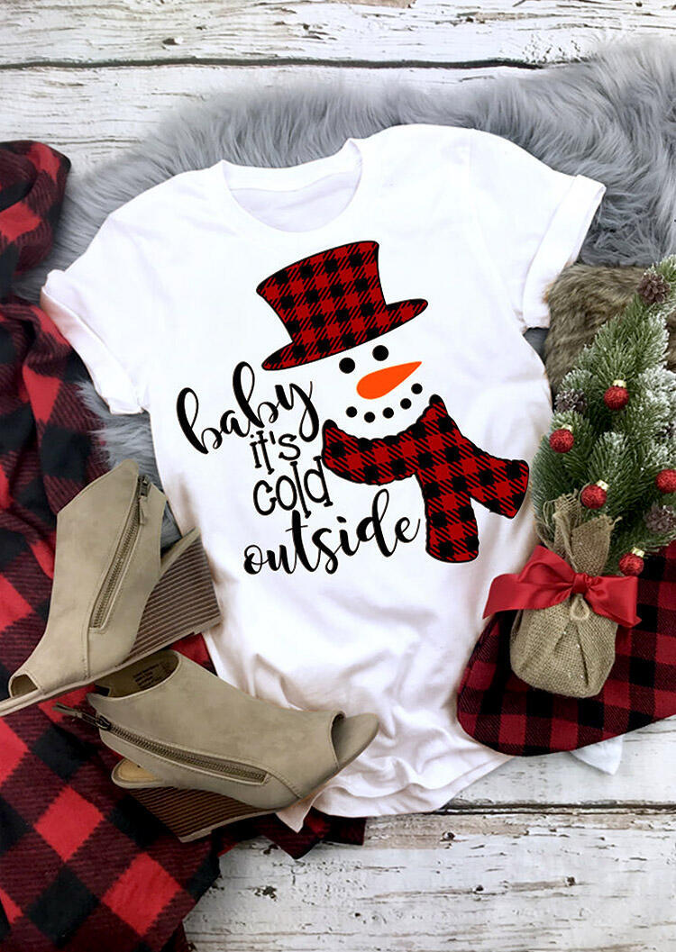 T-shirts Tees Baby It's Cold Outside Plaid Snowman T-Shirt Tee in White. Size: M,S