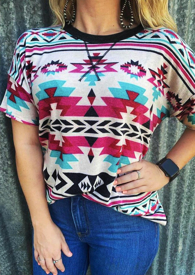 

T-shirts Tees Aztec Geometric O-Neck T-Shirt Tee in Multicolor. Size