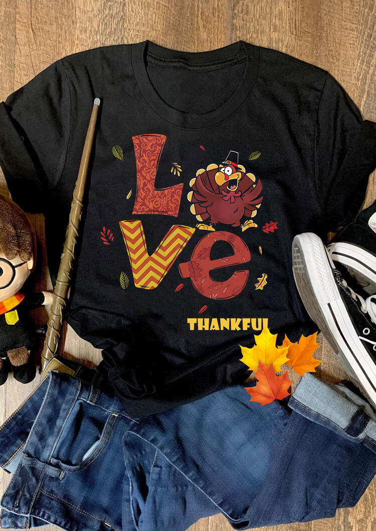 

Love Thankful Funny Turkey Leaf T-Shirt Tee - Black, 485089