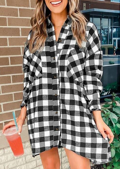 

Mini Dresses Plaid Button Pocket Long Sleeve Shirt Mini Dress in Plaid. Size: ,M,L
