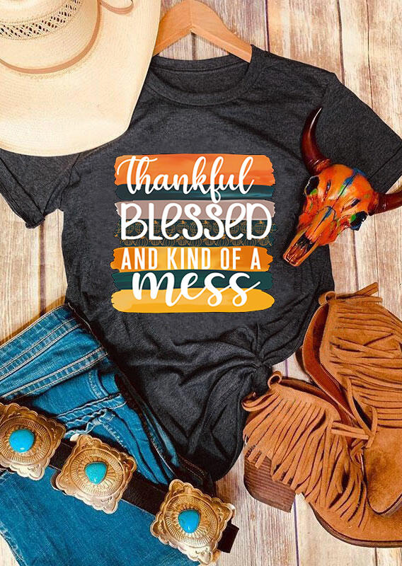 

Thanksgiving Thankful Blessed And Mess Mom T-Shirt Tee - Gray, 485096