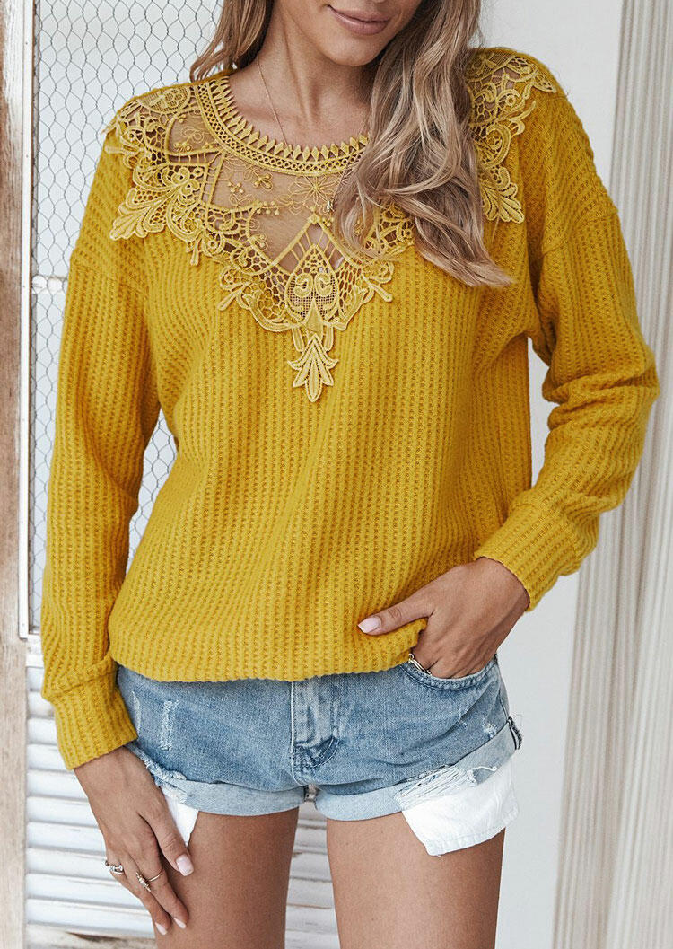 

Sweaters Lace Splicing Cut Out Long Sleeve Sweater in Yellow. Size: ,L,XL