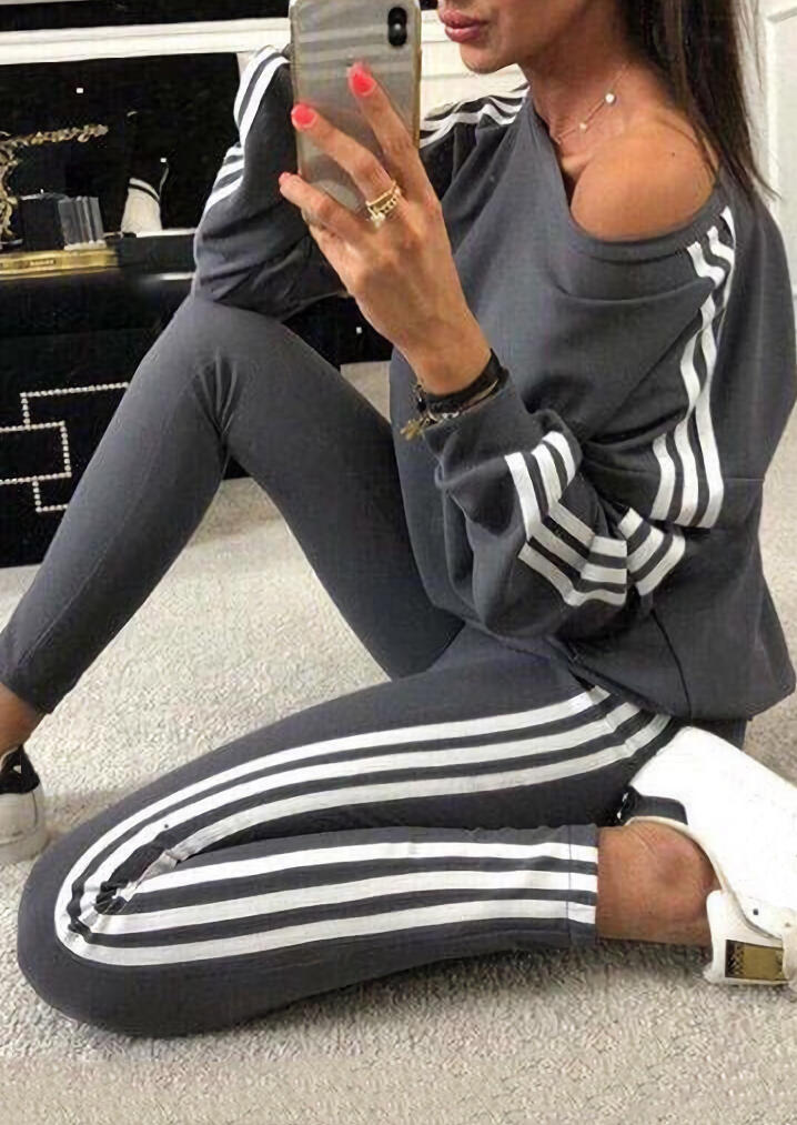 

Striped Sweatshirt And Leggings Casual Two-Piece Set - Dark Grey, 485102