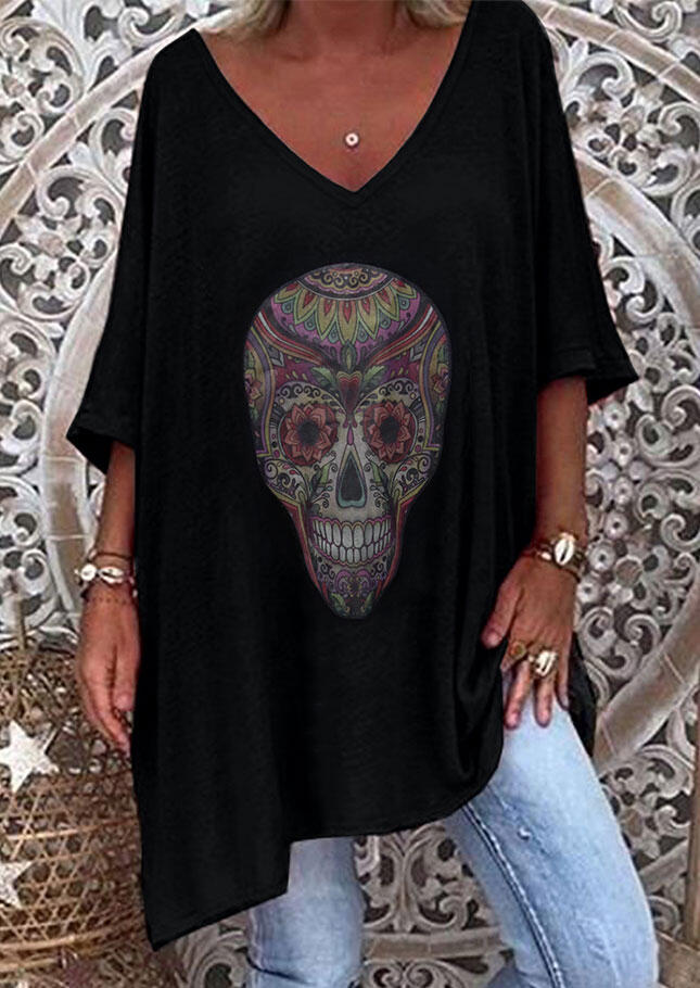 

Floral Skull Slit Flare Sleeve V-Neck Casual Blouse - Black, 485134