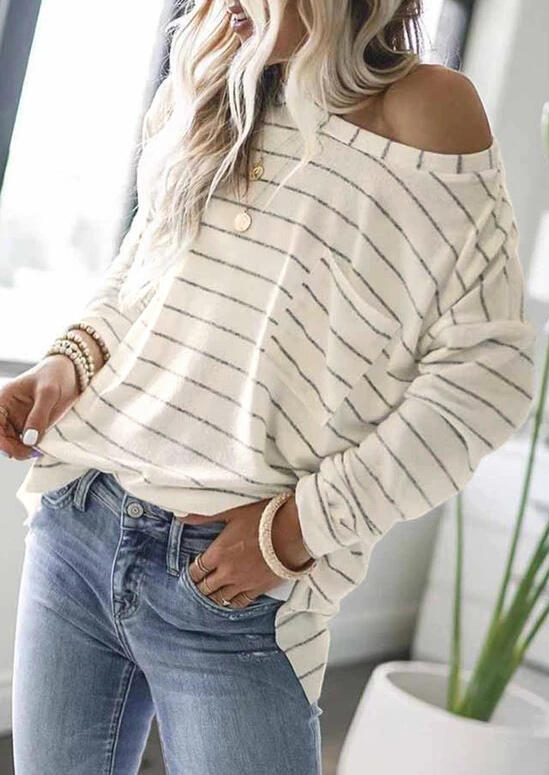 Blouses Striped Pocket O-Neck Long Sleeve Blouse in Beige. Size: M,XL