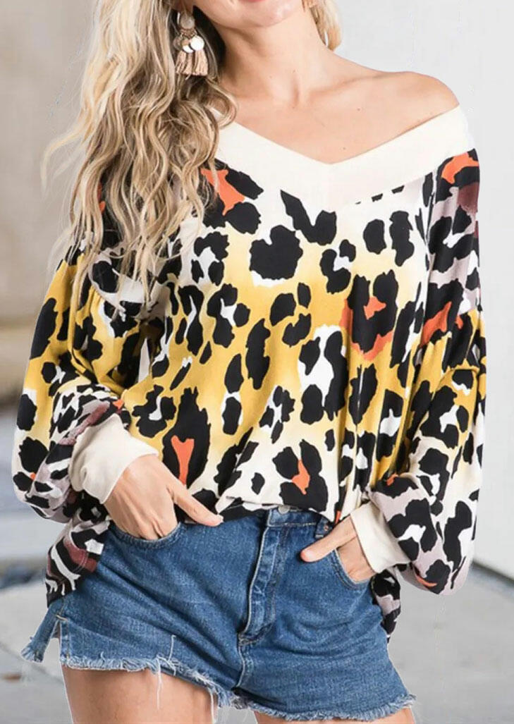 

Leopard Splicing V-Neck Long Sleeve Blouse, Multicolor, 485171
