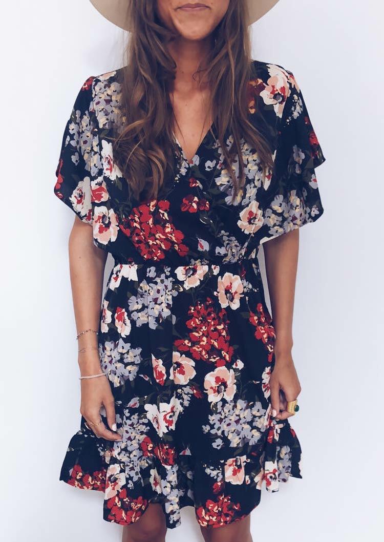 

Floral Ruffled V-Neck Wrap Elastic Waist Mini Dress, Multicolor, 485176