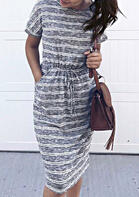 Striped Pocket O-Neck Drawstring Casual Dress